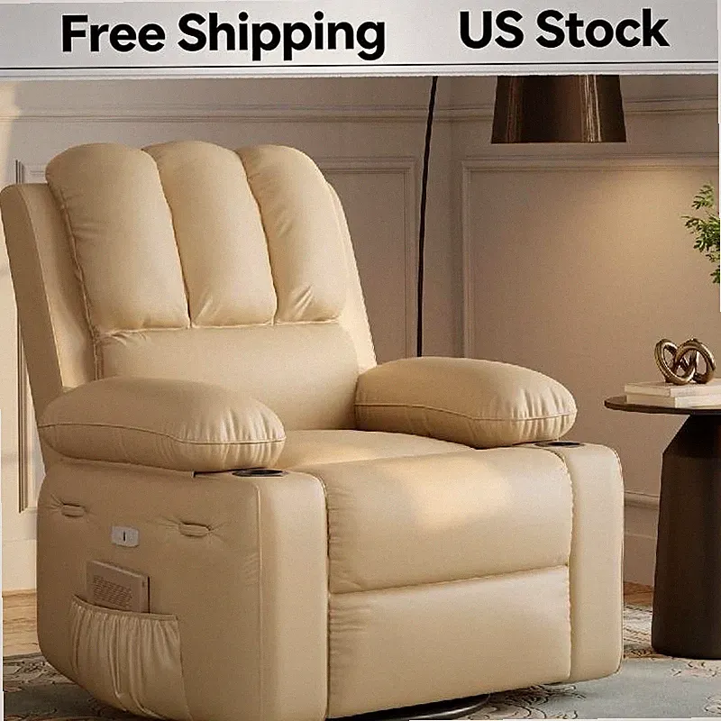 22" Medium-Seat Power Recliner Chair Leather Swivel Massage Heat USB Pockets