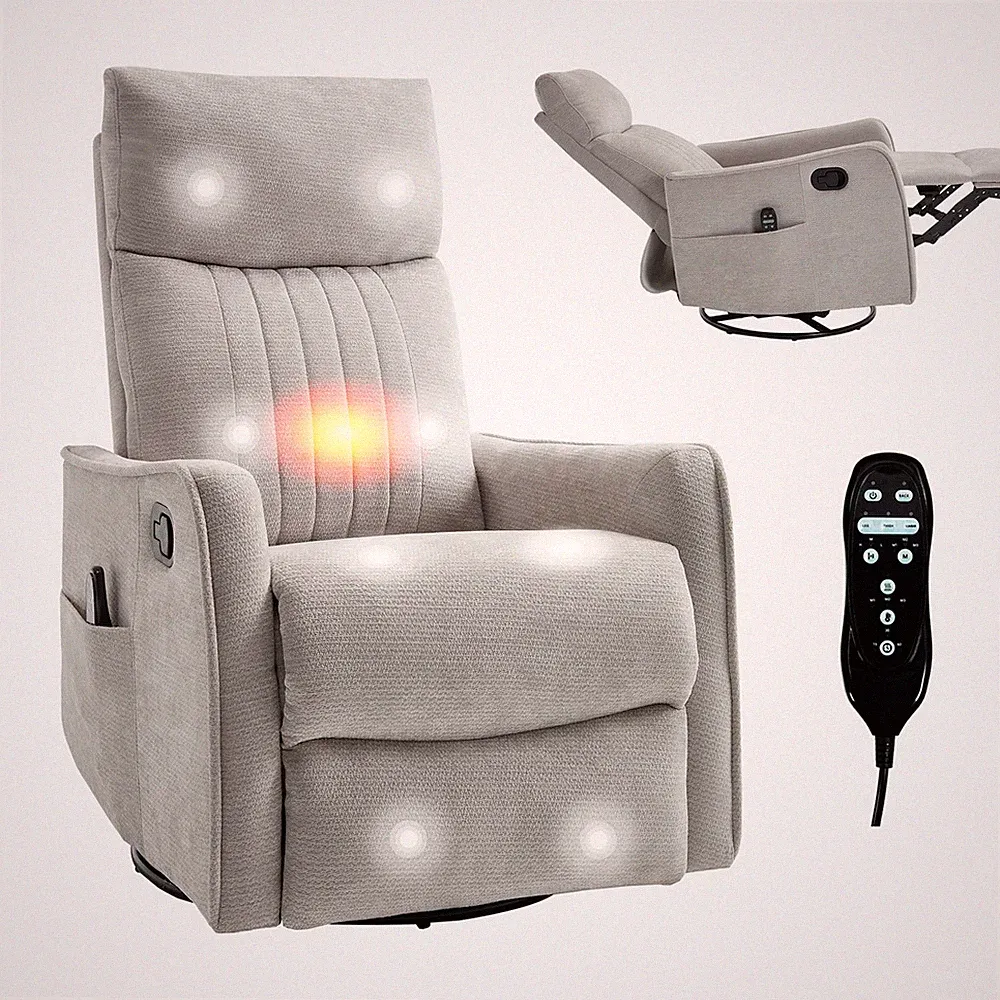 360° Swivel Rocking Recliner Chair with Heat and Massage Upholstered Fabric N...