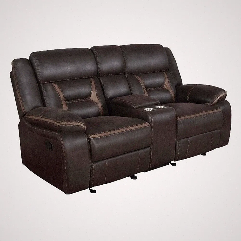 Benjara Tye 77" Glider Manual Recliner Loveseat- Cool Dark Brown Faux Leather