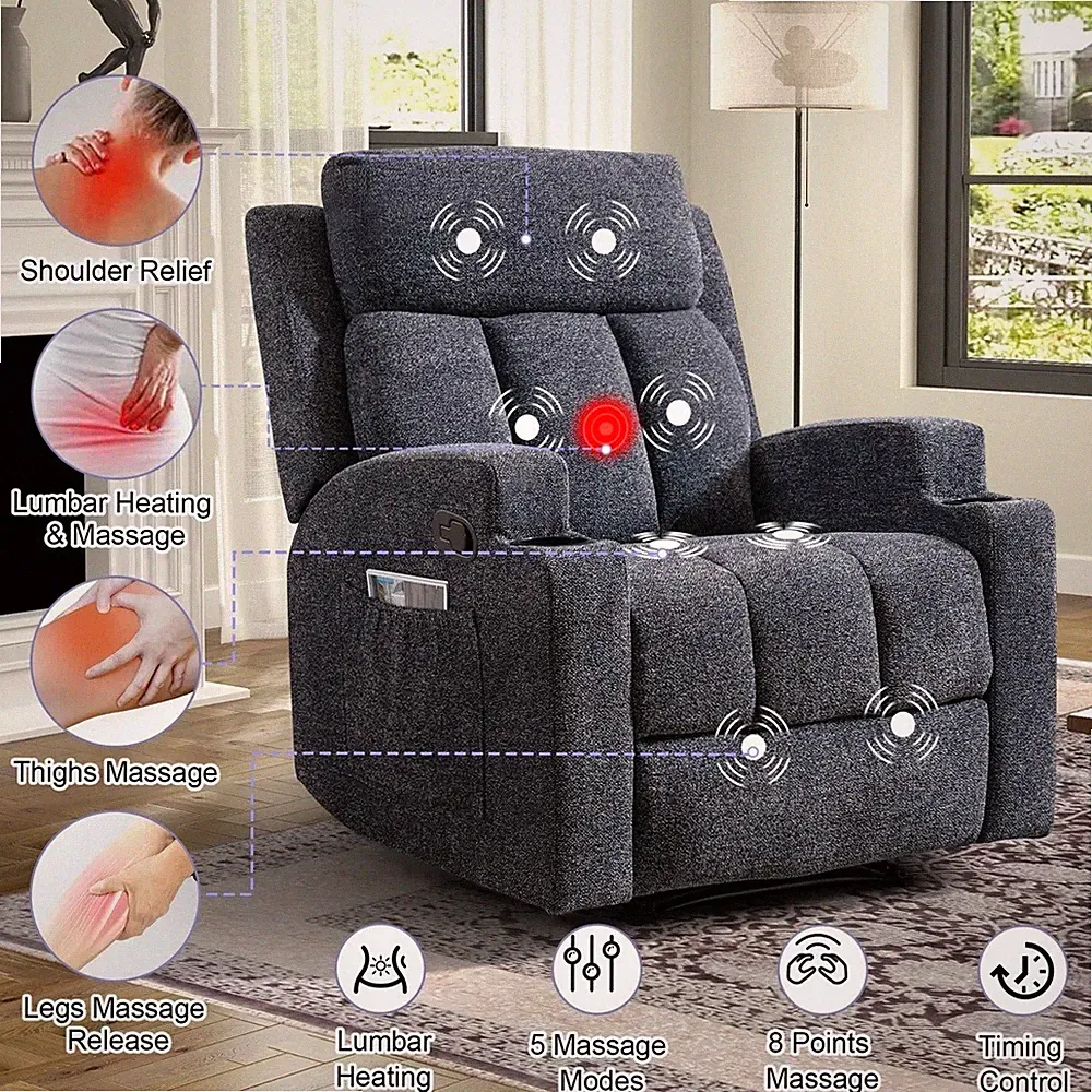 Charcoal Gray Heat Massage Manual Recliner Chair Grey Upholstered Arm Chairs New