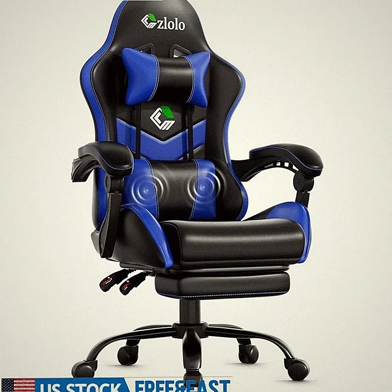 Ergonomic Gaming Chair W/ Lumbar Massager & Adjustable Recline Footrest New