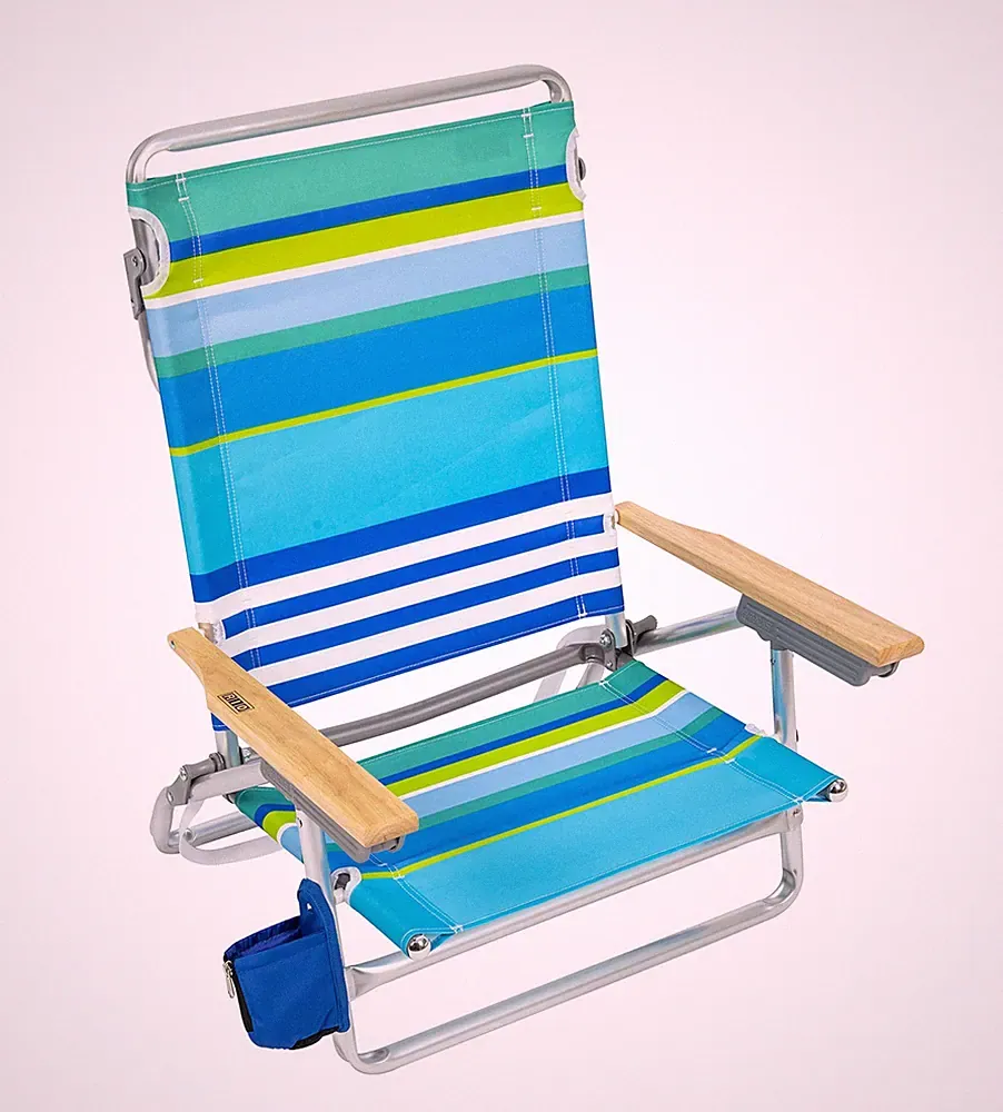 Folding Beach Chair 5 Position Lay Flat 30.8 x 24.75 29.5 Cool Blue Stripes