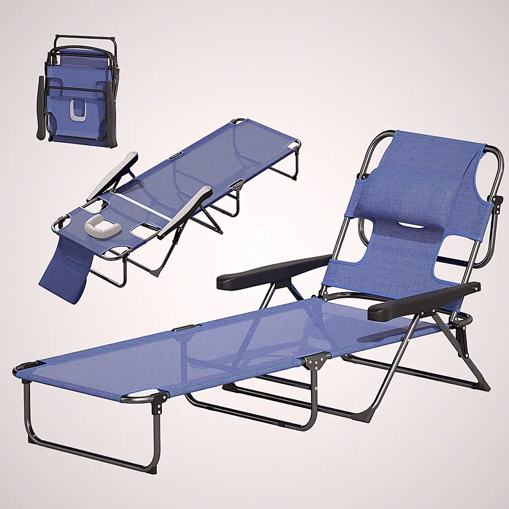 Folding Tanning Chair w/ Face Hole Pillow 4-Level Reclining Backrest