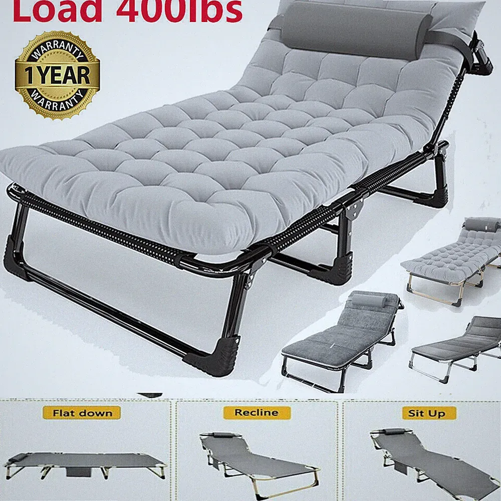 MOPHOTO Folding Cot Chaise Lounge Recliner w/Adjustable Backrest & Pillow Pad