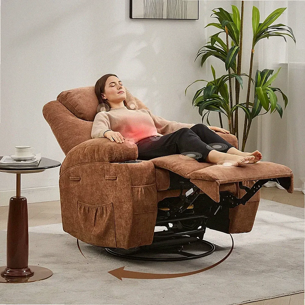 Massage & Heat Swivel Glider Recliner: 360° Padded Fabric Lounge Chair for Home