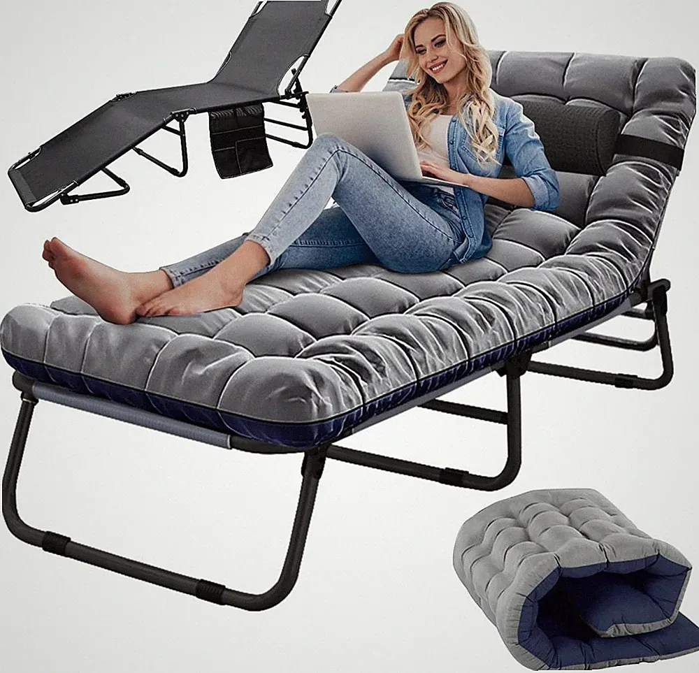 MOPHOTO Adjustable Adults Reclining Folding Chaise Cot With Pillow For Outdoor