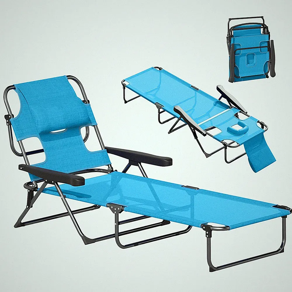 Outsunny Folding Lounge Chair w/ Reclining Back, Tanning Chair, Light Blue