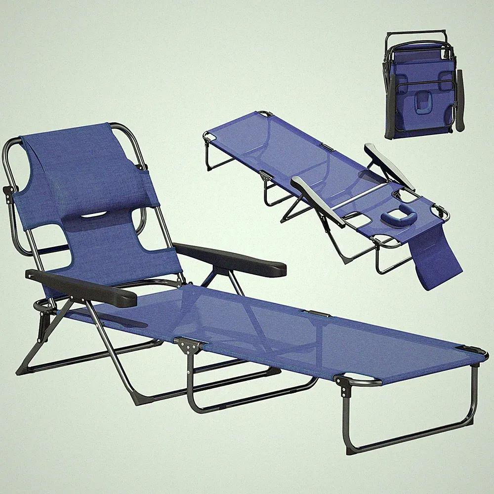 Outsunny Folding Lounge Chair w/ Reclining Back, Tanning Chair, Navy Blue