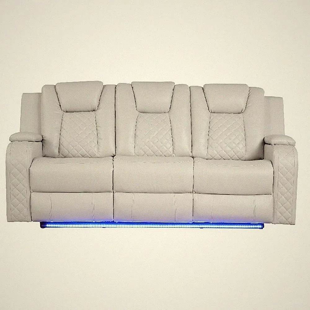 Pemberly Row LED & Power Reclining Sofa Made With Faux Leather in Ice/White