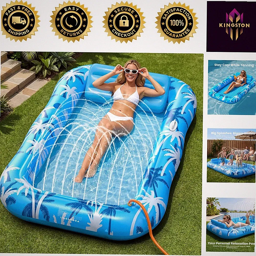 X-Large Inflatable Tanning Pool Lounger with Sprinkler & Cup Holder - Cool Co...